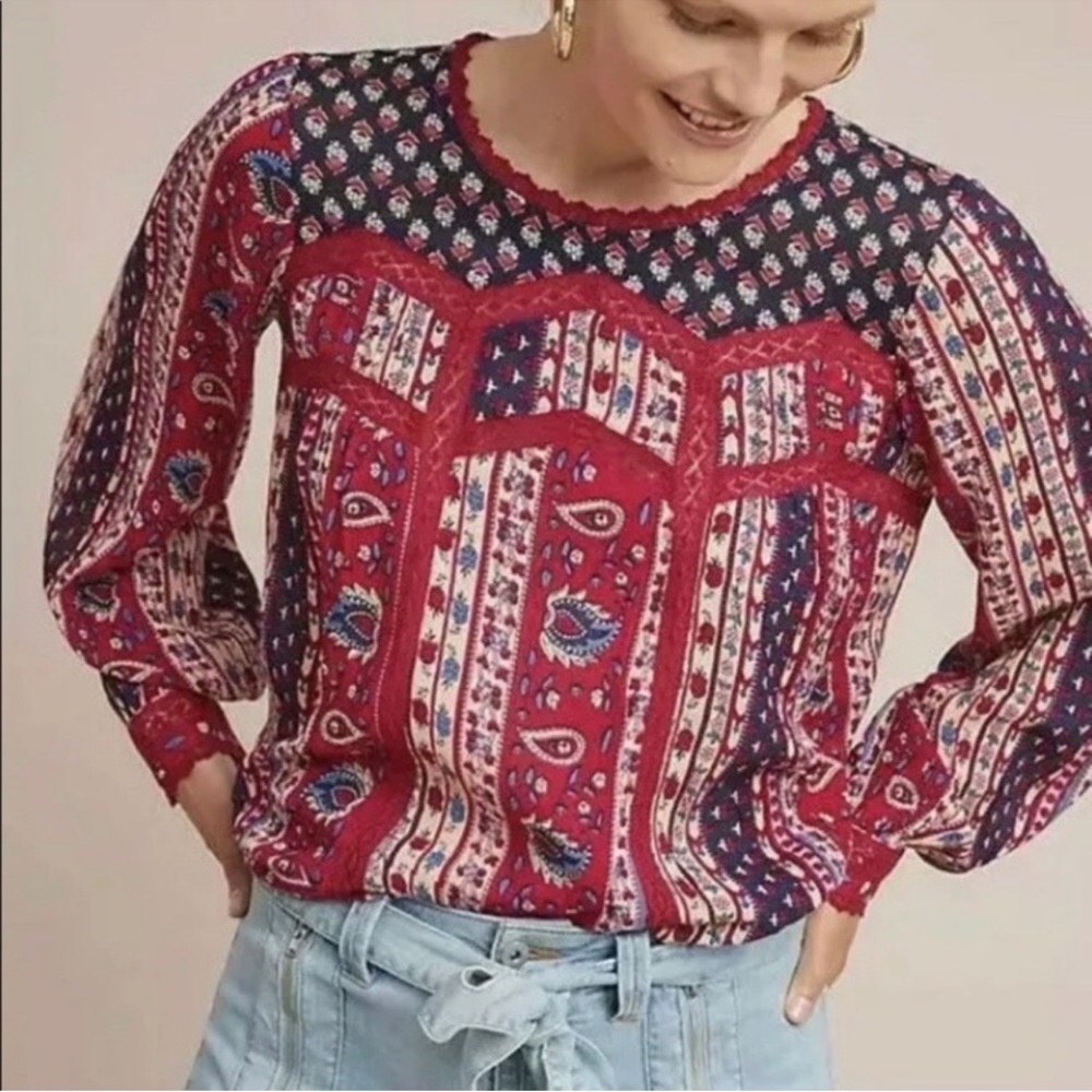 Anthropologie Maeve Gretchen Patchwork Paisley Boho Blouse Size 6